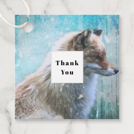 可愛い毛皮のキツネを青グランジ背景ありがとう フェイバータグ (正面)