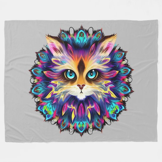 可愛い毛皮の猫マンダラポートレート フリースブランケット (正面(横))