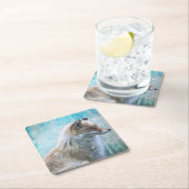 可愛い毛皮キツネオンブルーグランジ背景 スクエアペーパーコースター (インサイチュ)