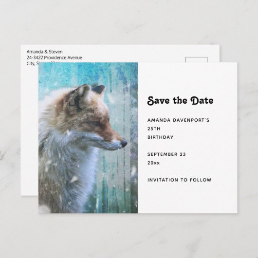 可愛い毛皮キツネオンブルーグランジ背景 案内ポストカード (正面/裏面)