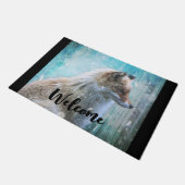 可愛い毛皮キツネオンブルーバックグラウングランジドへようこそ ドアマット (アングル)