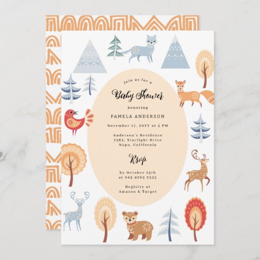 可愛い民族スタイルウッドランド動物ベビーシャワー 招待状 (正面/裏面)
