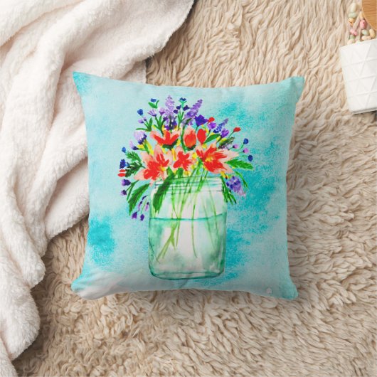 可愛い水の色のメイソンジャンプピーチパープルフラワーズ クッション (ブランケット)
