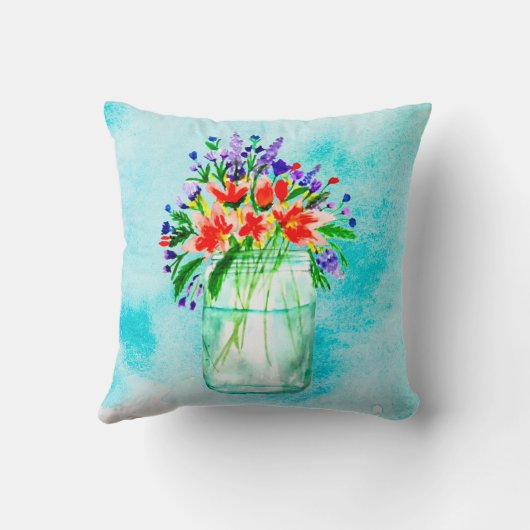 可愛い水の色のメイソンジャンプピーチパープルフラワーズ クッション (裏面)