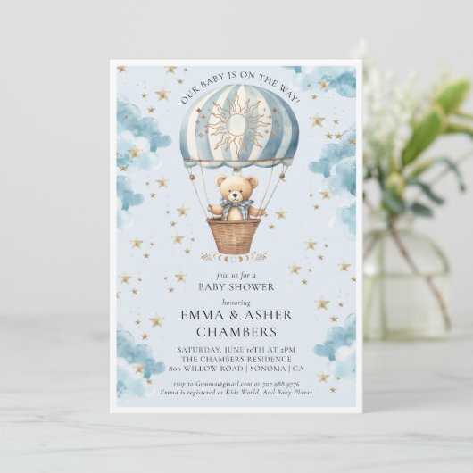 可愛い水の色テディベアバルーンブルーベビーシャワー 招待状 (スタンド正面)