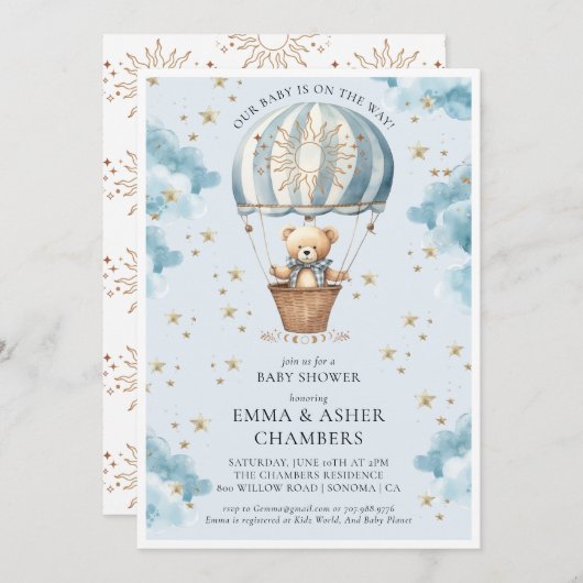 可愛い水の色テディベアバルーンブルーベビーシャワー 招待状 (正面/裏面)