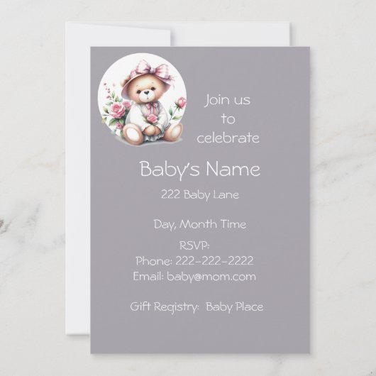 可愛い水の色テディベア赤ちゃん動物 招待状 (裏面)