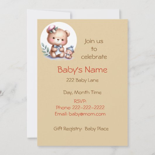 可愛い水の色テディベア赤ちゃん動物 招待状 (裏面)