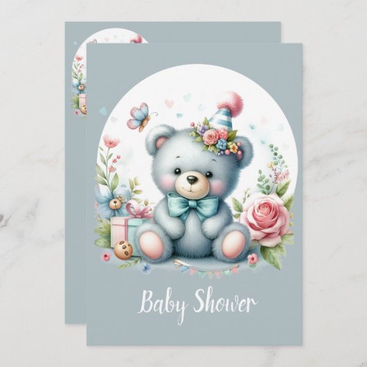 可愛い水の色テディベア赤ちゃん動物 招待状 (正面/裏面)