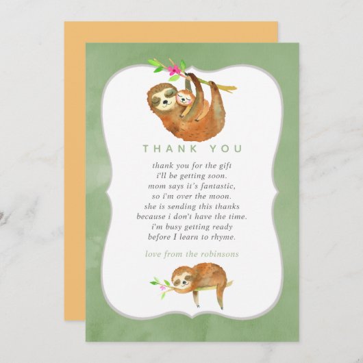 可愛い水の色ナマケモノの赤ちゃんシャワーありがとう サンキューカード (正面/裏面)