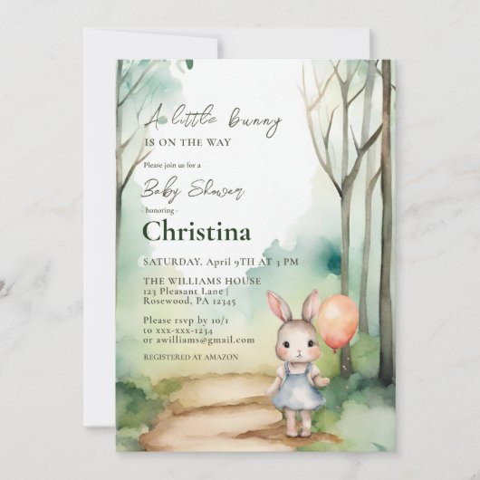 可愛い水の色バニーベビーシャワーガール 招待状 (正面)