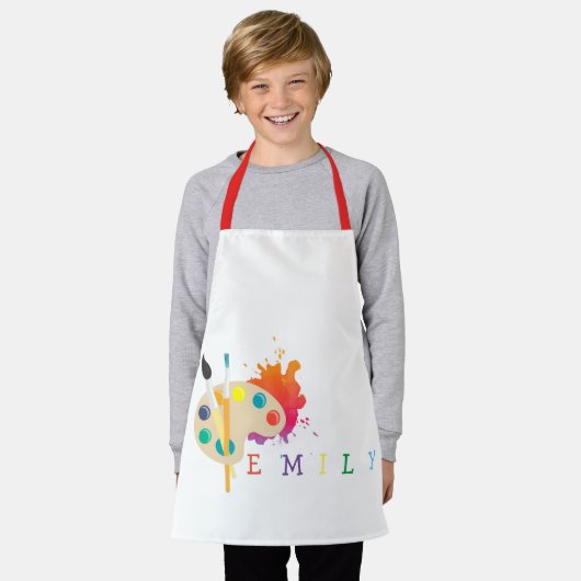 可愛い水彩オレンジのスプラッシュパレットキッズアーティスト エプロン (着用した状態)