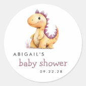 可愛い水彩オレンジ紫の恐竜の赤ちゃんシャワー ラウンドシール (正面)