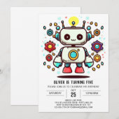 可愛い水彩オンラインロボット誕生日 招待状 (正面/裏面)