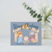 可愛い水彩クリスマス出生シーンonブルー シーズンポストカード (スタンド正面)