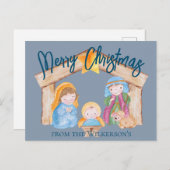 可愛い水彩クリスマス出生シーンonブルー シーズンポストカード (正面/裏面)