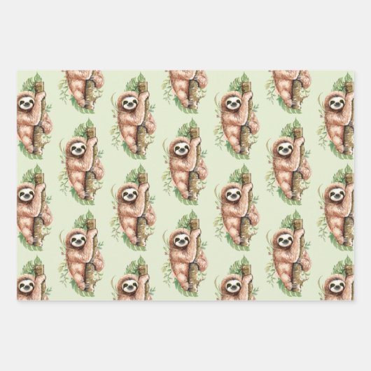 可愛い水彩スロート&トロピカル葉パターン ラッピングペーパーシート (正面)