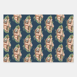 可愛い水彩スロート&トロピカル葉パターン ラッピングペーパーシート