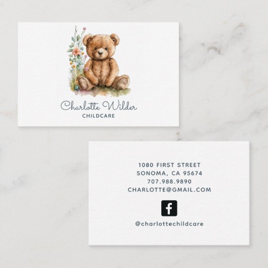 可愛い水彩テディベア育児 名刺 (正面/裏面)