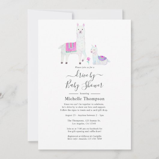 可愛い水彩ラマをテーマにしたベビーシャワー付きドライブ 招待状 (正面)