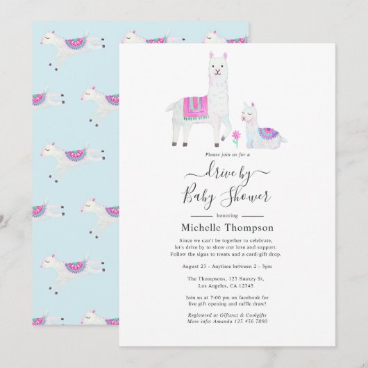 可愛い水彩ラマをテーマにしたベビーシャワー付きドライブ 招待状 (正面/裏面)