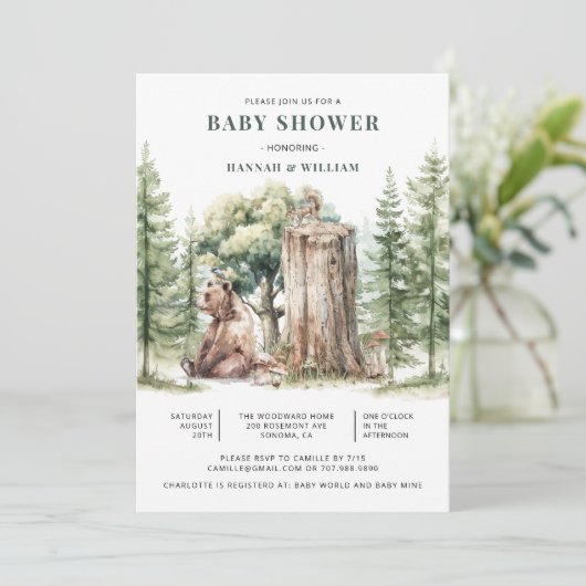 可愛い水彩木地熊の森の赤ちゃんシャワー 招待状 (スタンド正面)