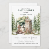 可愛い水彩木地熊の森の赤ちゃんシャワー 招待状 (正面/裏面)