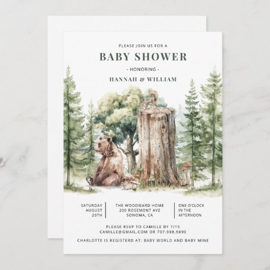 可愛い水彩木地熊の森の赤ちゃんシャワー 招待状 (正面/裏面)
