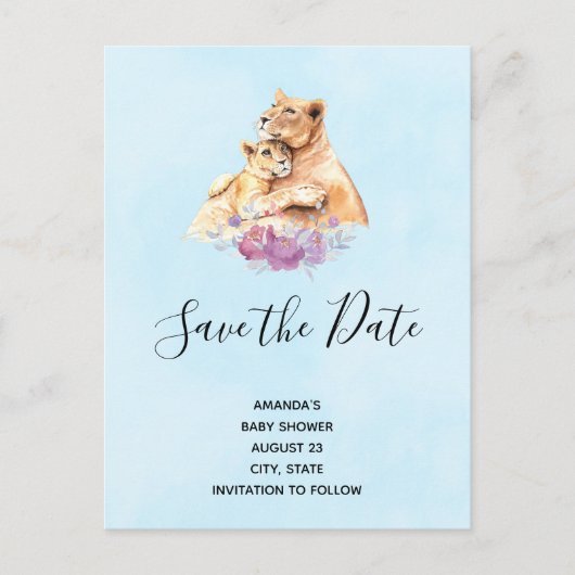 可愛い水彩母獅子と可愛いデートのセーブ インビテーションポストカード (正面)