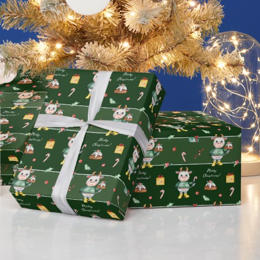 可愛い水彩牛ホールディングバンドケーキのクリスマス ラッピングペーパー (クリスマス)