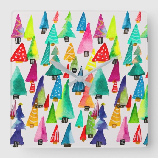 可愛い水彩色のクリスマスツリー スクエア壁時計 (正面)