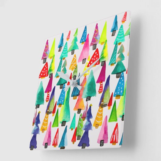 可愛い水彩色のクリスマスツリー スクエア壁時計 (傾斜)