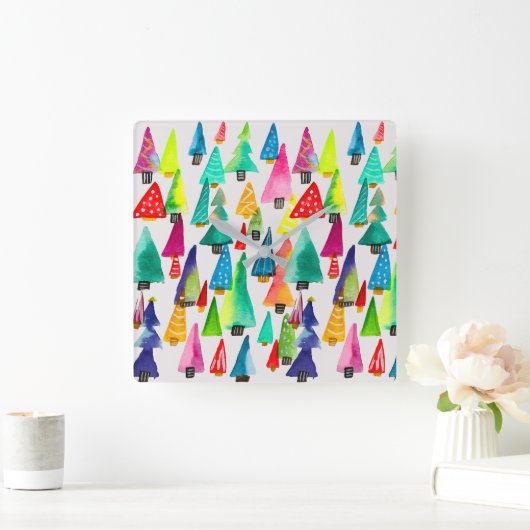 可愛い水彩色のクリスマスツリー スクエア壁時計 (ホーム)