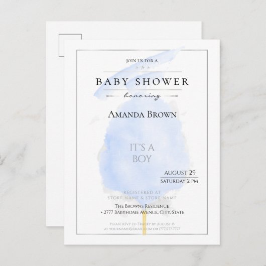 可愛い水彩青い綿菓子ベビーシャワー インビテーションポストカード (正面/裏面)