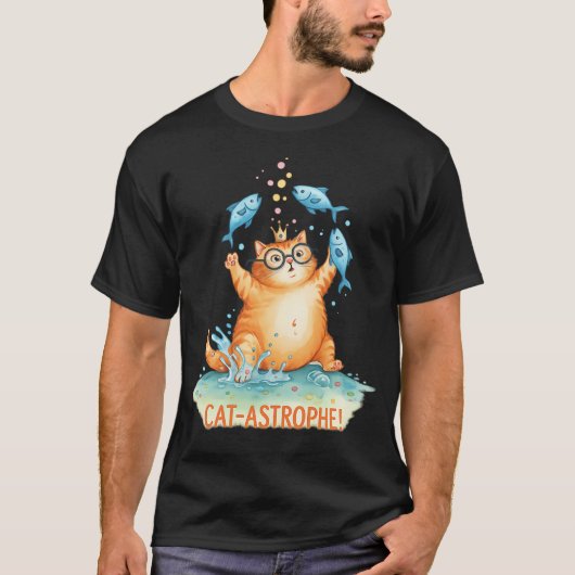 可愛い水彩風の猫と魚のイラスト キャット・アストロフィ Tシャツ (正面)