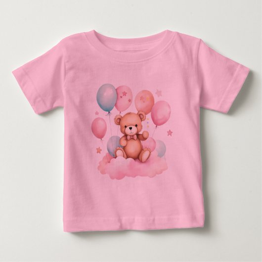 可愛い水彩風船テディベアPink Cloud ベビーTシャツ (正面)