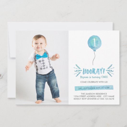 可愛い水彩風船離れ写真最初の誕生日 招待状 (正面)