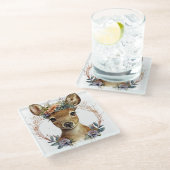 可愛い水彩鹿の花リース ガラスコースター (アングル)