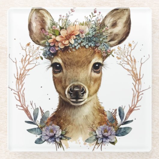 可愛い水彩鹿の花リース ガラスコースター (正面)