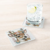 可愛い水彩鹿の花リース ガラスコースター (アングル)