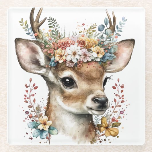 可愛い水彩鹿の花リース ガラスコースター (正面)