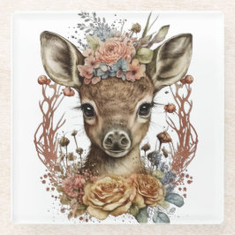 可愛い水彩鹿の花リース ガラスコースター