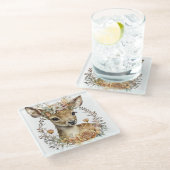 可愛い水彩鹿の花リース ガラスコースター (アングル)