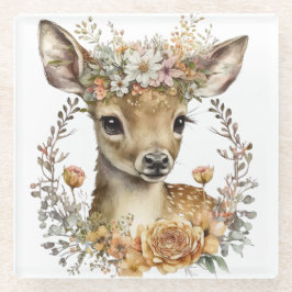可愛い水彩鹿の花リース ガラスコースター