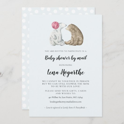 可愛い水色がベビーシャワーをメールで運ぶ 招待状 (正面/裏面)