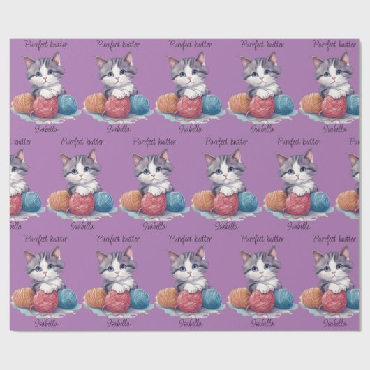 可愛い水色の子猫と糸名前をカスタムする ラッピングペーパー (フラット)