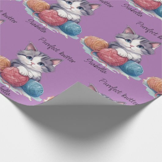 可愛い水色の子猫と糸名前をカスタムする ラッピングペーパー (角)