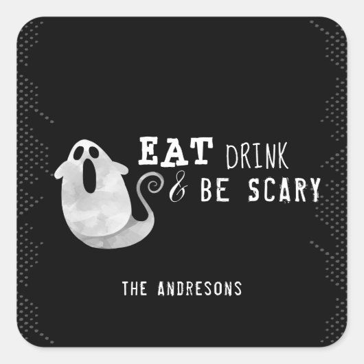 可愛い水色の幽霊ドリンク食べは怖いハロウィン スクエアシール (正面)