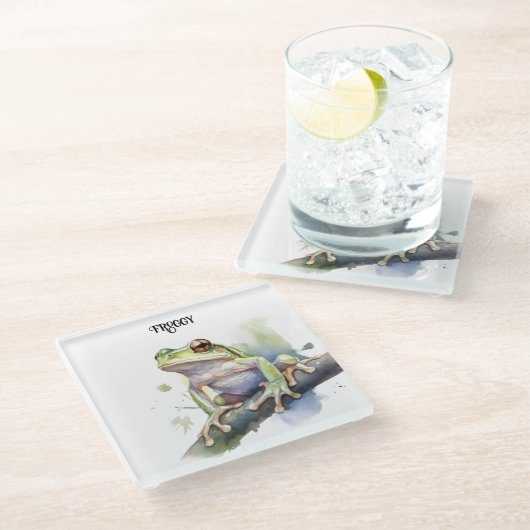 可愛い水色の木のカエルカスタム、 ガラスコースター (アングル)