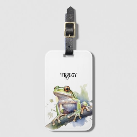 可愛い水色の木のカエルカスタム、 ラゲッジタグ (正面縦)